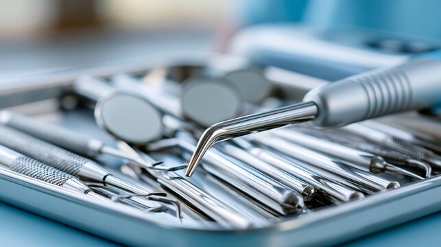 Close-up view of dental instruments arranged in a stainless steel tray, showcasing precision tools for oral healthcare and dental procedures