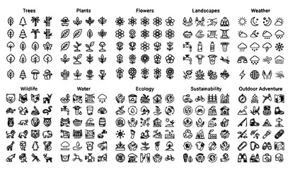 Obraz premium Set of hand drawn doodle icons representing nature wildlife ecology sustainability and outdoor adventure activities for design projects