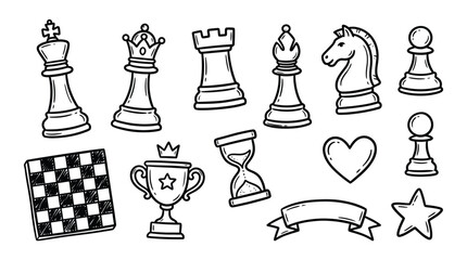 Collection of hand-drawn chess pieces and related icons, including a chessboard, trophy, hourglass, heart, and star. © indira