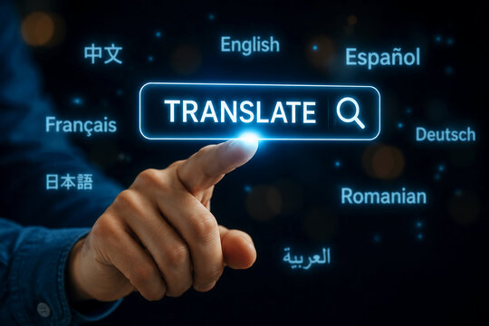 A finger touching a glowing "TRANSLATE" button surrounded by floating language names.