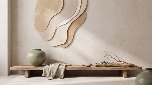 An art installation in a room with soft beige and warm sand tones.