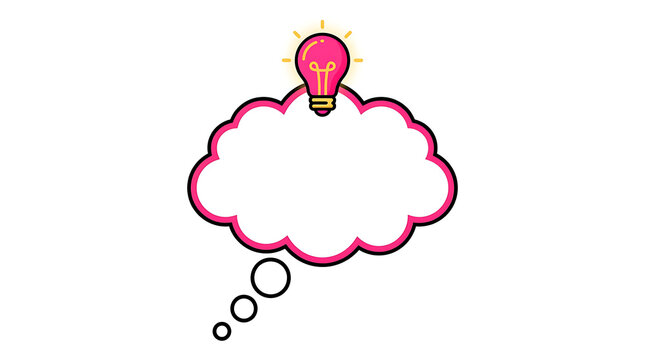Pink light bulb above thought cloud illustration.