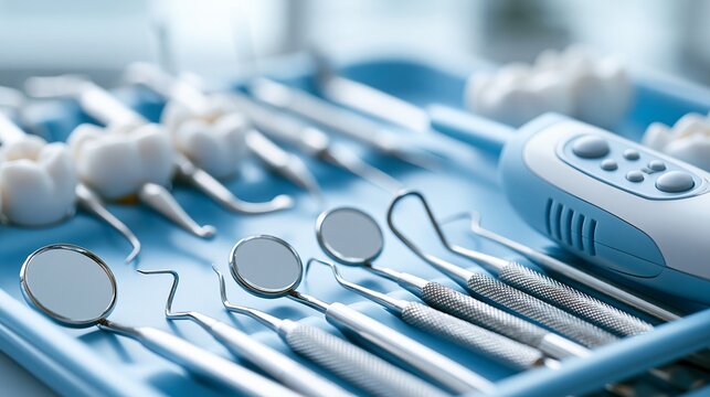 A close-up view of dental instruments neatly arranged on a blue tray, showcasing tools for oral hygiene and professional dental procedures