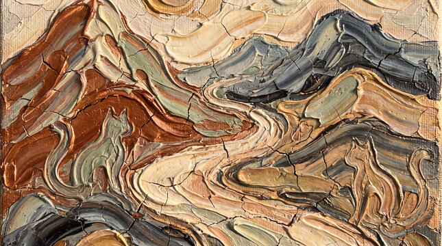 Textured and cracked surfaces of paint.