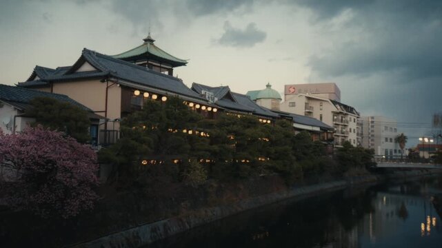 The historic Tokaikan ryokan glows at dusk along the Matsukawa River in Ito, Japan, framed by a blossoming tree in the foreground and modern buildings behind, under a dramatic cloudy sky.