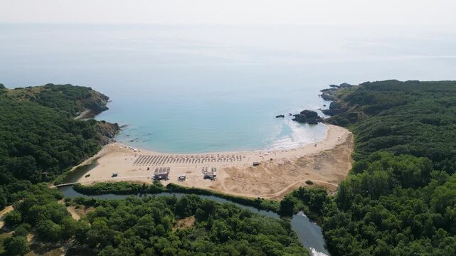 Aerial View of Silistar Beach Bay Surrounded by Forest in Bulgaria