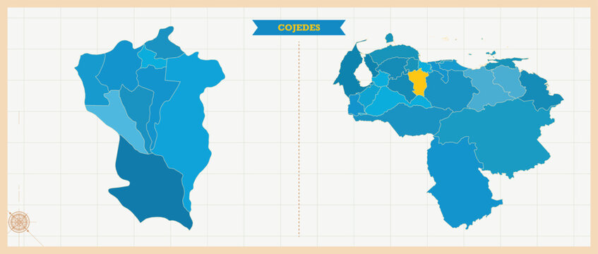 Cojedes State Highlighted in Venezuela Map, Modern Venezuela and Cojedes Administrative Map, Colorful High Detailed Vector with Geographical Borders