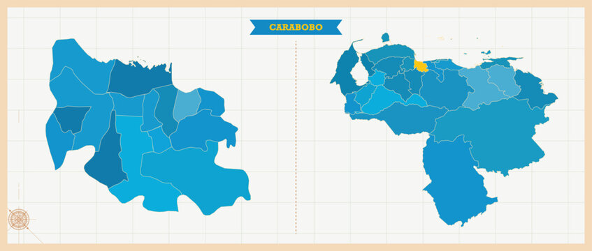 Carabobo State Highlighted in Venezuela Map, Modern Venezuela and Carabobo Administrative Map, Colorful High Detailed Vector with Geographical Borders