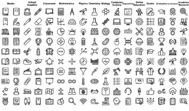 Set of hand drawn education and science icons representing school subjects and academic research symbols on white background