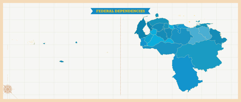 Federal Dependencies Highlighted in Venezuela Map, Modern Venezuela and Federal Dependencies Administrative Map, Colorful High Detailed Vector with Geographical Borders