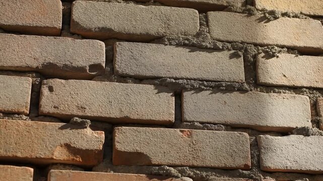 Close-up stacked clay brick wall with mortar packed into horizontal joints under directional sunlight, showing textured granular faces, rough seams, uneven beads, and weathered masonry detail