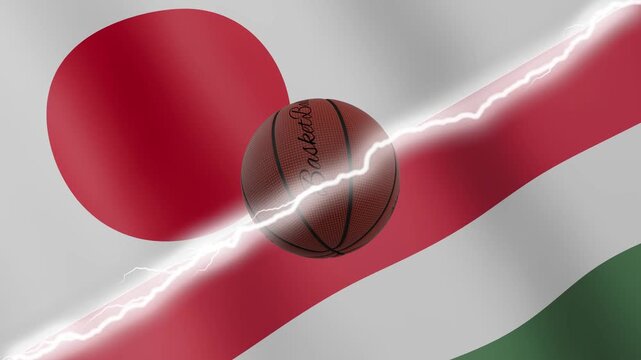 Spinning basketball ball against waving flags Hungary and Japan separated by a diagonal electric effect, seamless 4k loop
