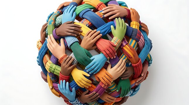 A spherical sculpture composed of many colorful intertwined hands isolated on white background