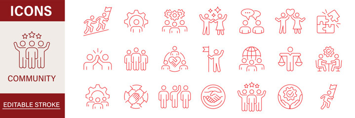 Obraz premium Modern Community line icon set. Neighborhood, friendship, family, love, teamwork, team building, leadership, unity, coworker outline icons. Love family care community outline icons. heart icons
