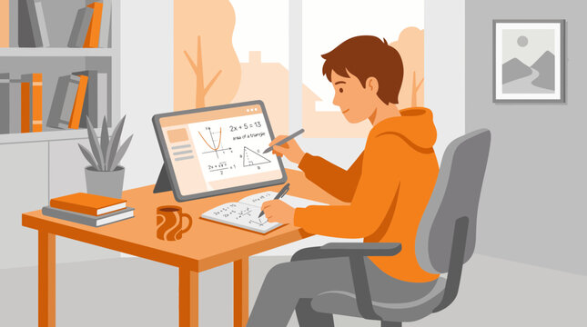 Studious teenager working on math problems using digital device or Young student solving mathematical equations at desk in a modern home or office