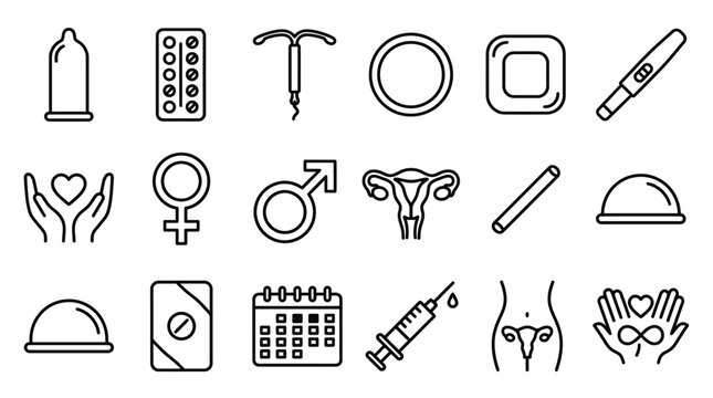 Collection of icons representing reproductive health, contraception, and family planning methods.