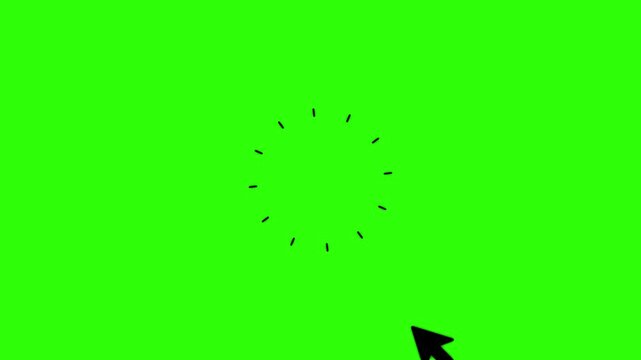 Black computer mouse cursor arrow pointing diagonally on a solid bright green background screen for digital interface and user interaction concepts