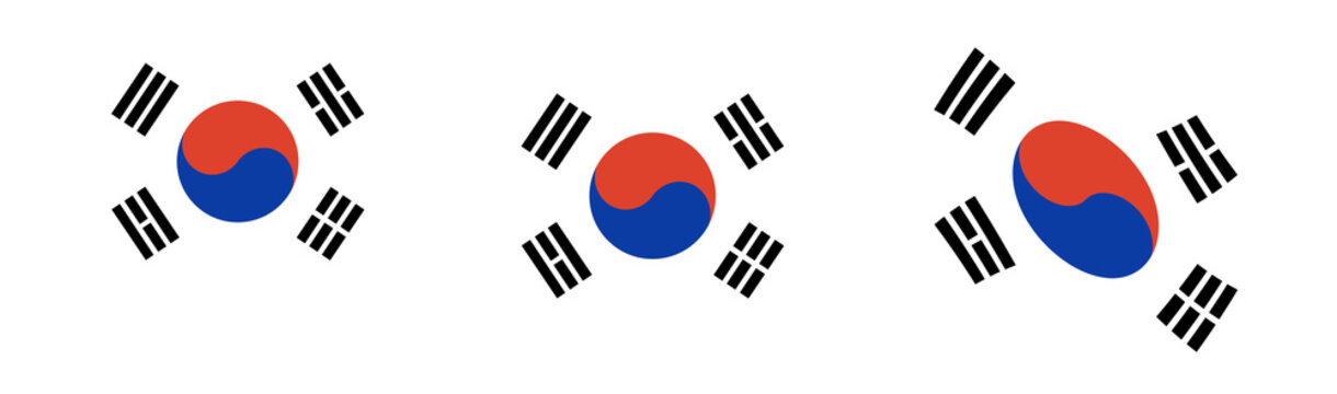 South Korea flags set. Flag of South Korea in heart shape.Round flag of South Korea isolated in circle shape. Waving flag of South Korea isolated.
