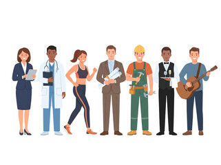 Obraz premium Diverse professional occupations set, group of people in different career uniforms, flat vector characters for labor day and recruitment