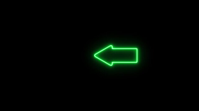 A glowing green neon arrow pointing to the left side on a dark black background representing direction or navigation for digital