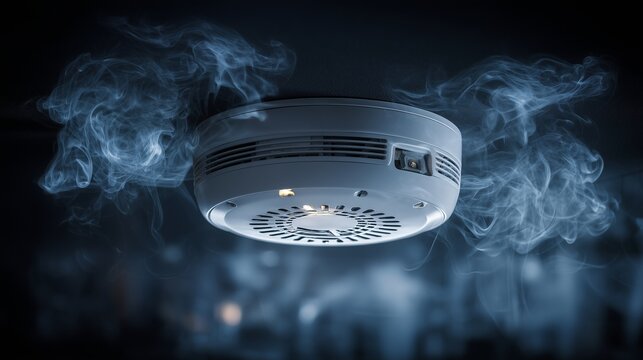 Ceiling smoke detector with drifting smoke, showing a home alarm system and the idea of early warning, fire safety, and home protection.