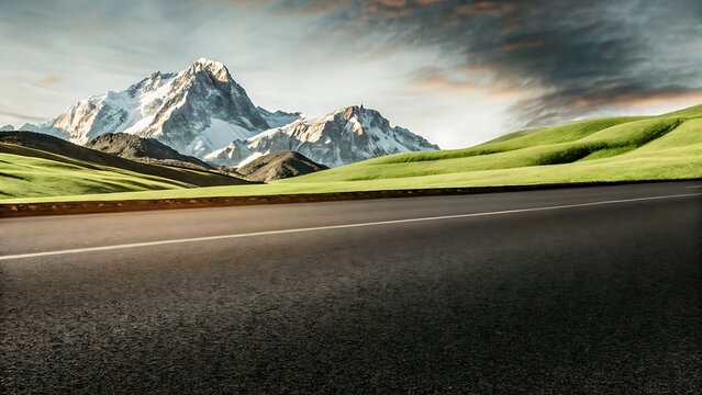 Asphalt road leading to snowy mountains. Scenic highway through a green alpine landscape.