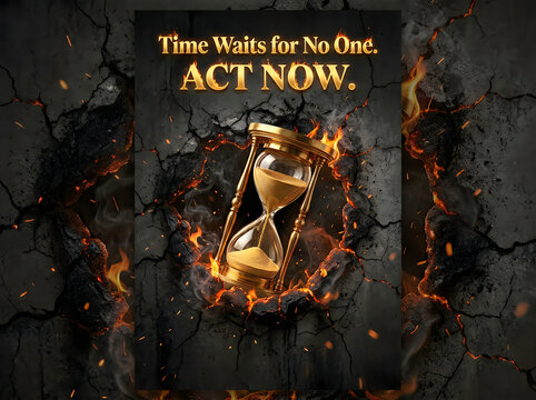Generative AI Dramatic hourglass on fire with motivational text, golden sand timer in burning stone wall, urgency concept with act now message