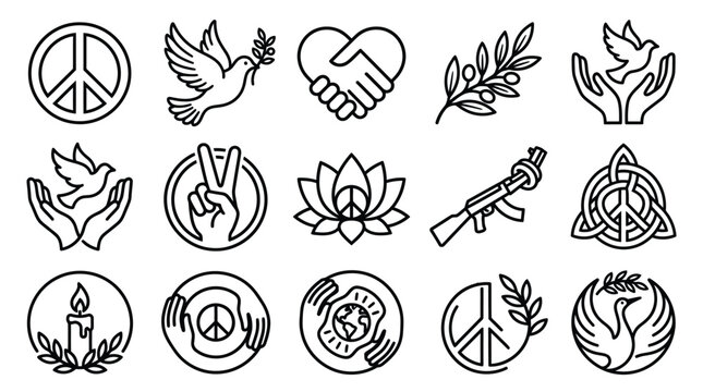 Collection of peace symbols and icons, including doves, olive branches, and peace signs.