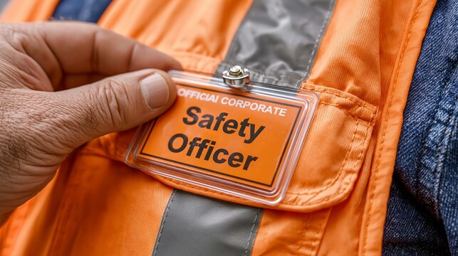 close-up of a safety officer's identification badge on an orange high-visibility vest, showcasing corporate safety protocols and workplace security measures