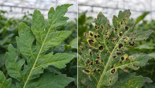 Close-up comparison highlighting a healthy disease-resistant tomato plant leaf versus a susceptible leaf infected with dark, water-soaked bacterial spot lesions