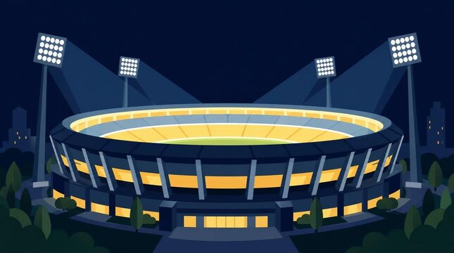 Night stadium illustration with bright floodlights and arena lights