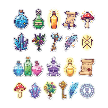 Fantasy magic alchemy and potion ingredient stickers with stickers crystals mushrooms mystical