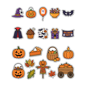 Autumn harvest and halloween party sticker set with halloween stickers pumpkins scarecrow