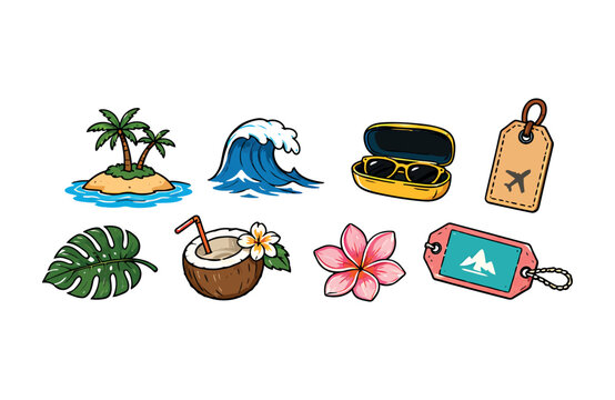 Summer vacation and tropical travel sticker collection with vacation tropical stickers sunglasses