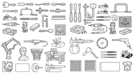 Fototapeta premium Woodworking, Stone Carving, and Sculpture Tools Icon Set - Vector Collection for Craftsmanship, Carpentry, and Artisan Design