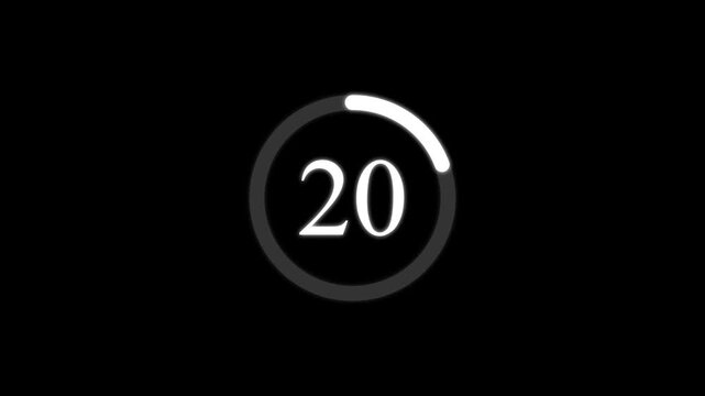 White circular progress bar animation with the number twenty two centered on a deep black background for digital interface and countdown timer usage