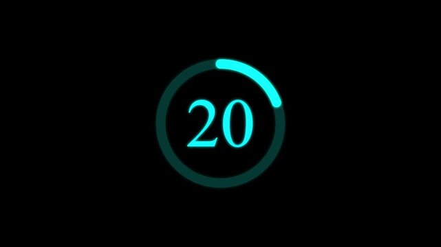 Cyan circular progress bar animation with the number twenty two centered on a deep black background for digital interface and countdown timer usage