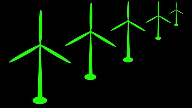 Windmills rotation loop side view isolated, Animated wind turbine video