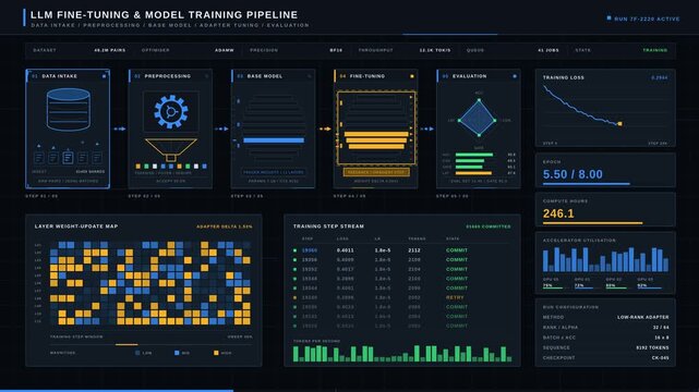 A detailed technical diagram illustrating the AI model deployment lifecycle and CI/CD pipeline stages from development to monitoring on a dark background with vibrant colors.