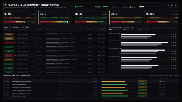 A structured AI Safety and Alignment Monitoring Panel with gauges, alerts, and compliance checklists displayed on a dark mode interface for institutional use.