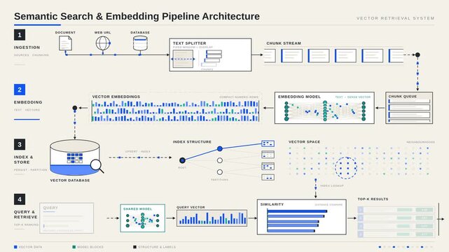 Explore a clean and modern semantic search and embedding pipeline architecture diagram with a warm off-white background, showcasing four processing tiers from ingestion to retrieval.