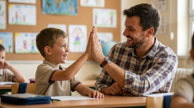 Happy Teacher High Fiving Schoolboy During Positive Classroom Learning Moment