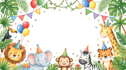 Obraz premium Jungle animal birthday party background. Cute safari theme invitation with watercolor animals.