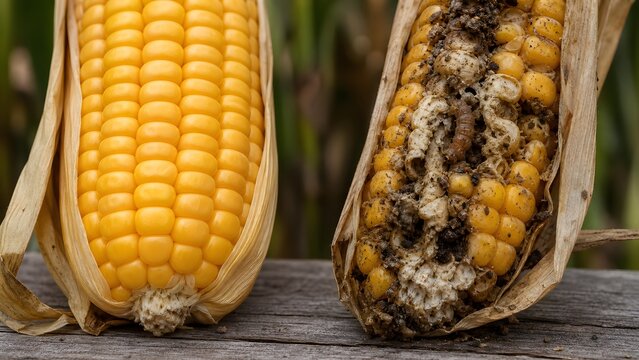 Side-by-side contrast of genetically modified bt maize resisting pest damage versus a vulnerable non-bt corn cob heavily chewed by european corn borers with distinct frass and holes