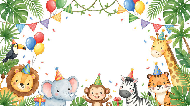 Jungle animal birthday party background. Cute safari theme invitation with watercolor animals.