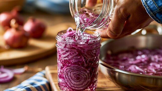 Close-up of a hand pouring red onion brine into a glass jar, showcasing homemade pickled red onions and a vibrant culinary process
