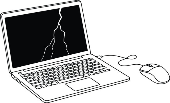Broken laptop computer with cracked screen display and wired mouse outline line art vector illustration isolated on white