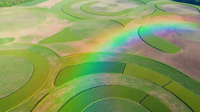 Oblique aerial view of center pivot farmland with circular crop rings, curved field strips, irrigation geometry, and patchwork textures across rural landscape, with aerial, farmland, field, crop