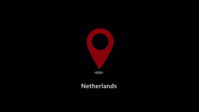 Netherlands Location Pin GPS Navigation Marker Animation on Transparent Background. Modern Map Pointer Motion Graphics. Netherlands Map Pointer Location Pin Marker Animation, 4K with Alpha Channel.