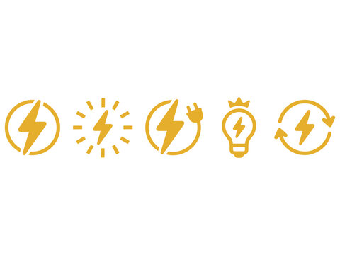 Set of yellow energy and power icons including lightning bolts, light bulbs, and electrical plugs